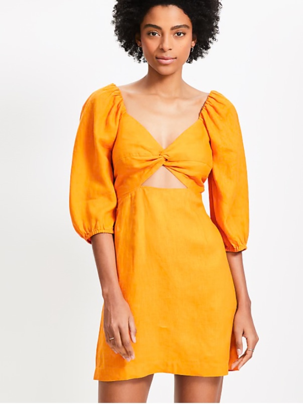 LOFT Beach Linen Cutout Puff Sleeve Cutout Smock Back Mini Dress Pockets
